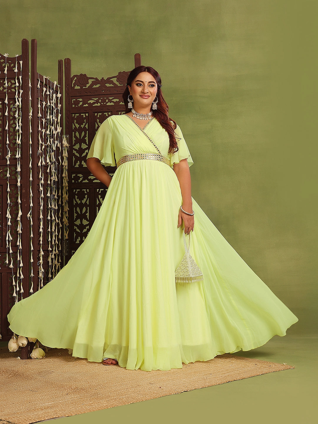 Women's Lemon Yellow V-Neck Flared-Sleeves Solid Georgette Fit & Flare Maxi Dress Joy Glow Perfect Mood