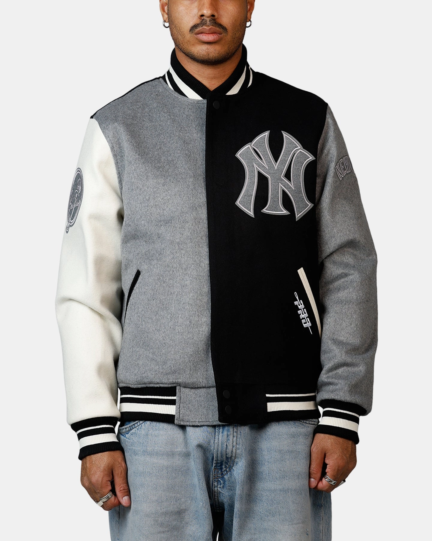 Pro Standard New York Yankees Reverse French Terry Wool Varsity Jacket Black/Grey Wind Shield Moisture Wicking Inner
