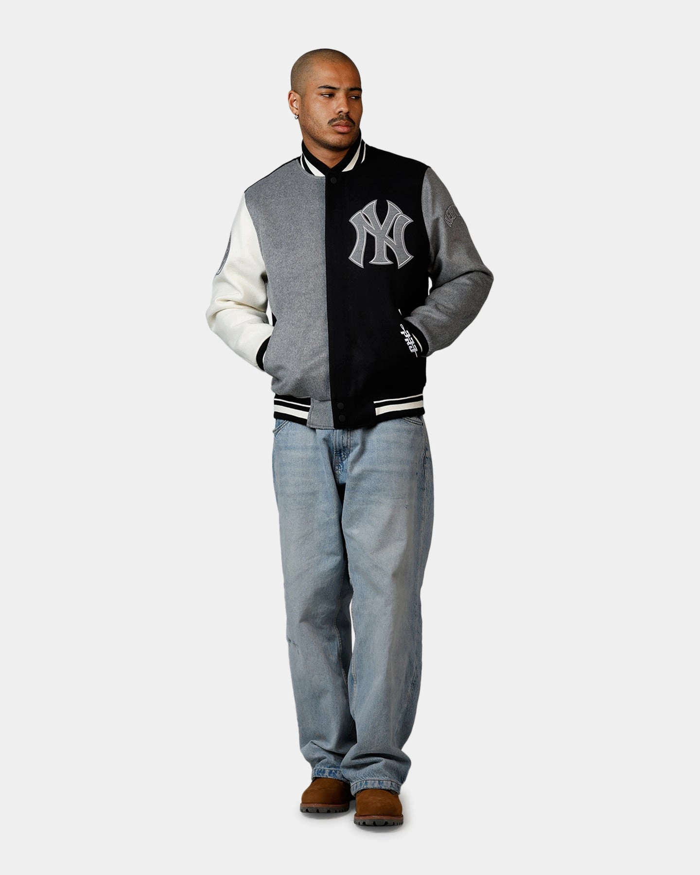 Pro Standard New York Yankees Reverse French Terry Wool Varsity Jacket Black/Grey Adjustable Belt All Seasons