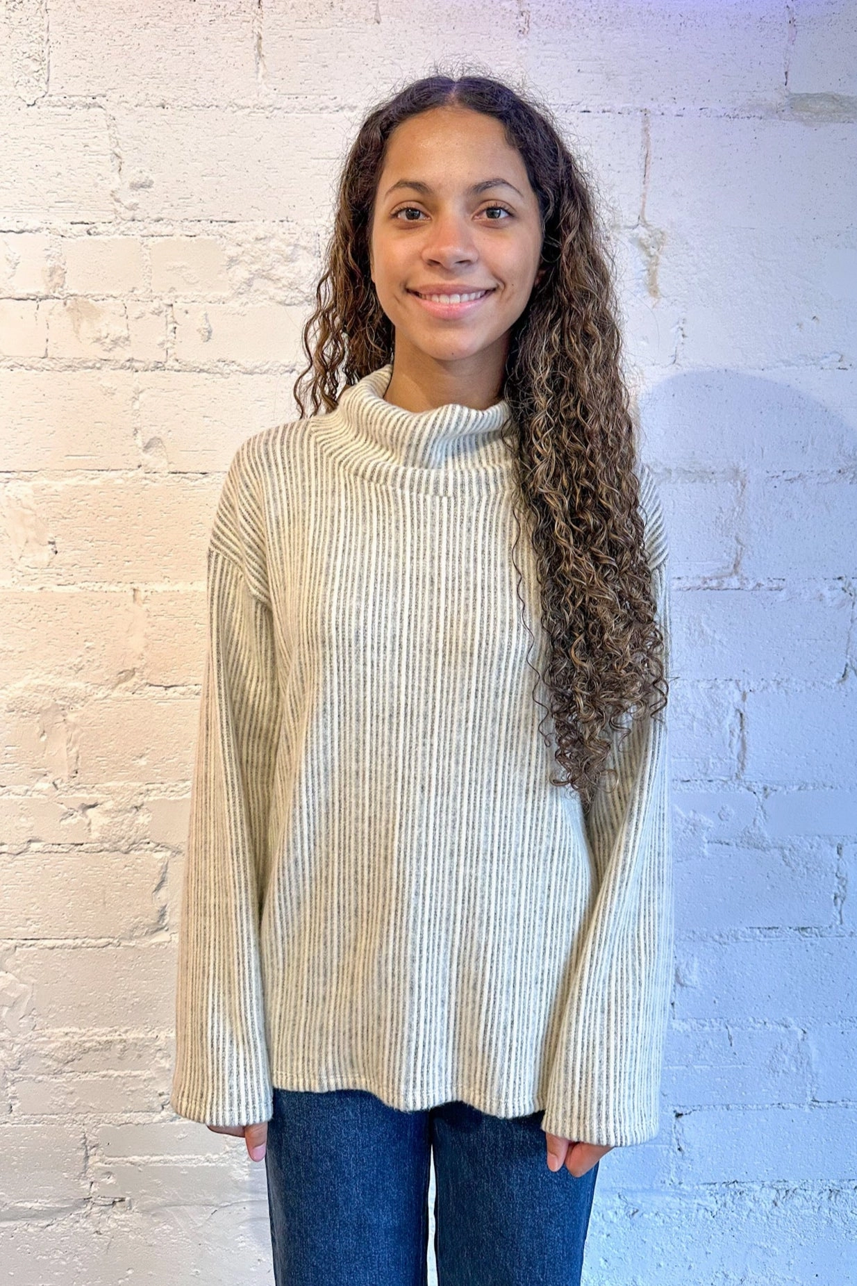 Temperature Regulating Knit Project Social Juniper Brushed Funnel Neck Top