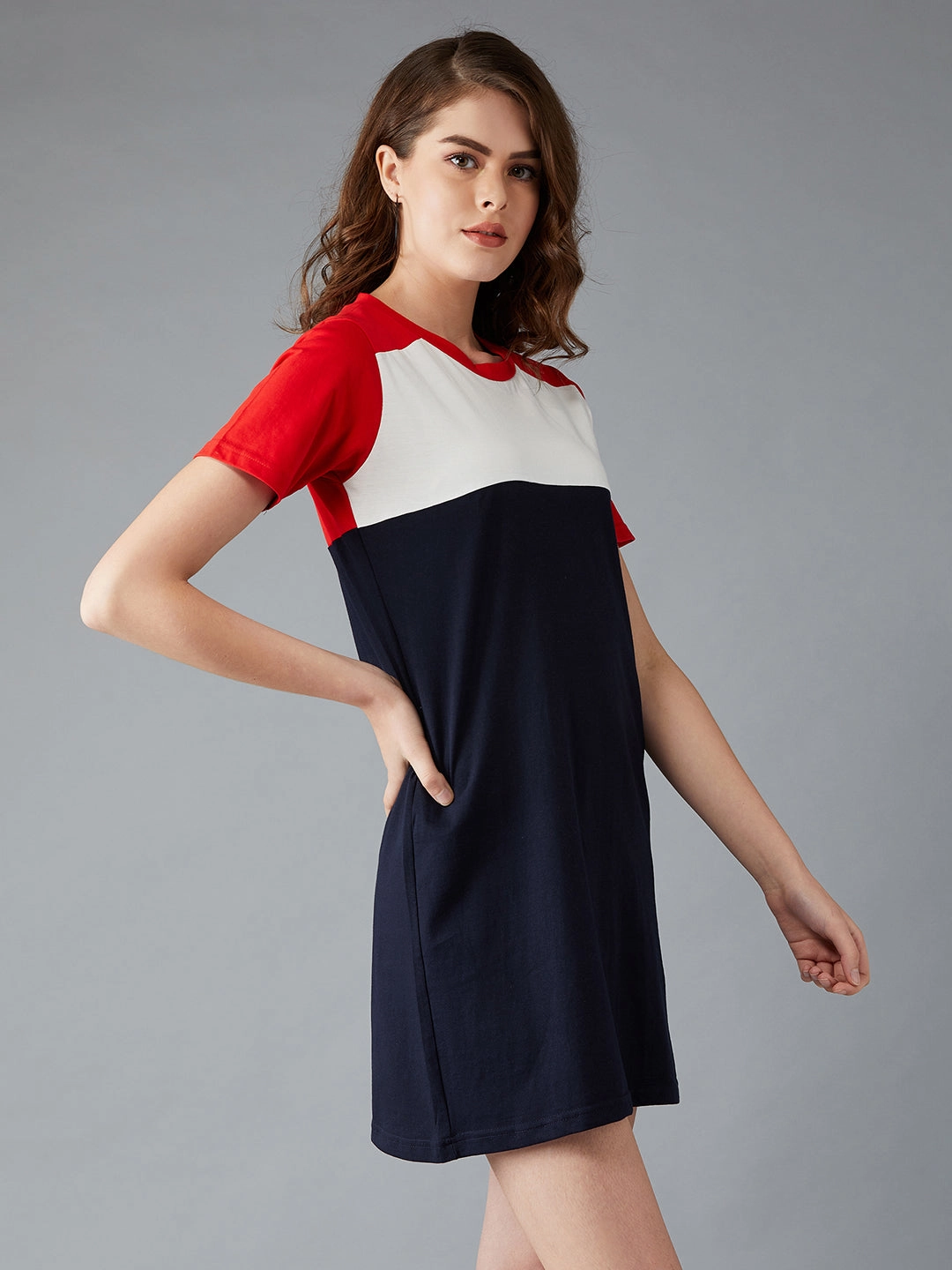 Comfortable travel dress Comfortable Design Wear Women's Navy Blue, White, Red Round Neck Short Sleeve Solid Paneled Mini Dress
