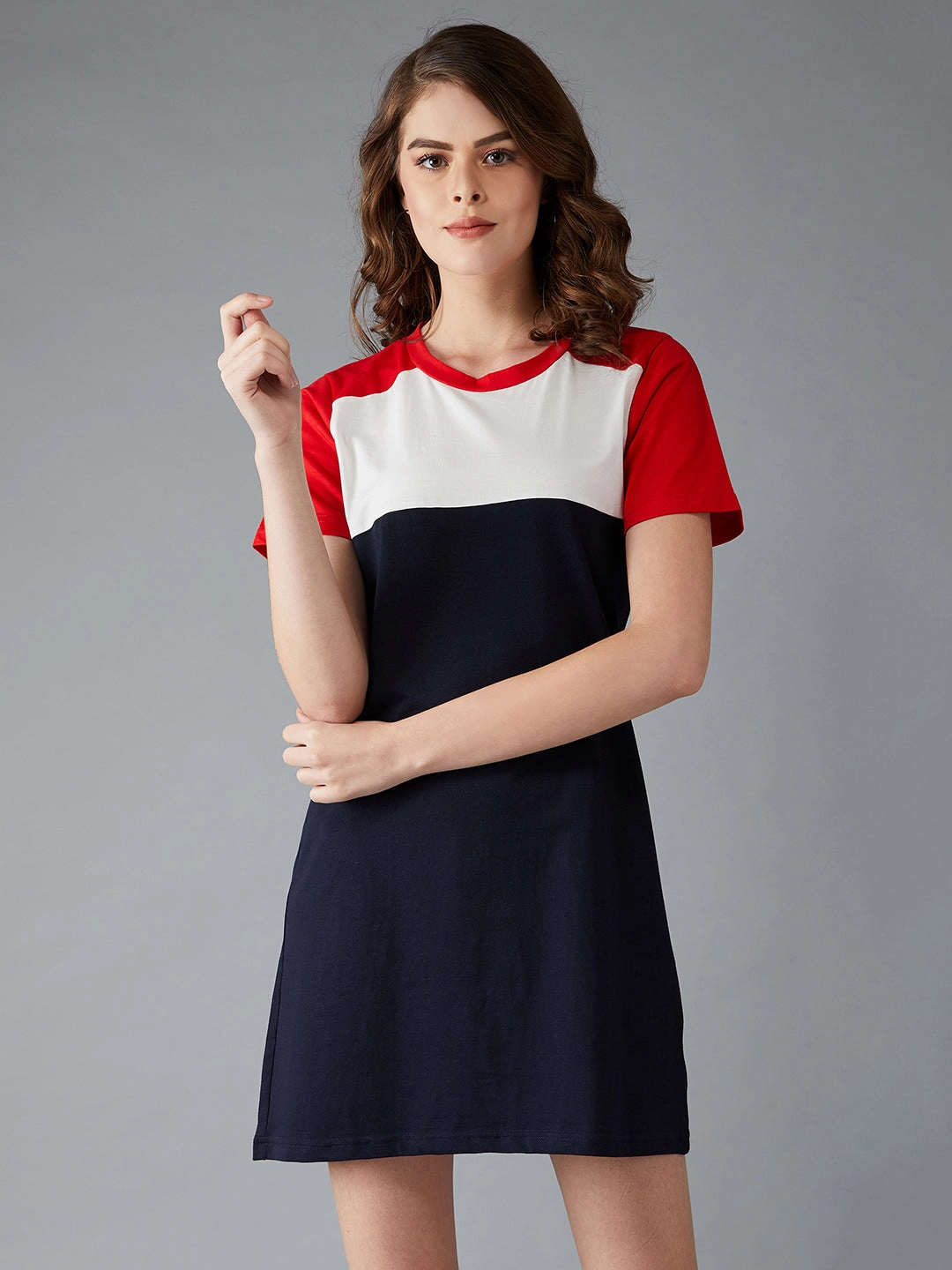 Formal Setting Fluid movement Women's Navy Blue, White, Red Round Neck Short Sleeve Solid Paneled Mini Dress