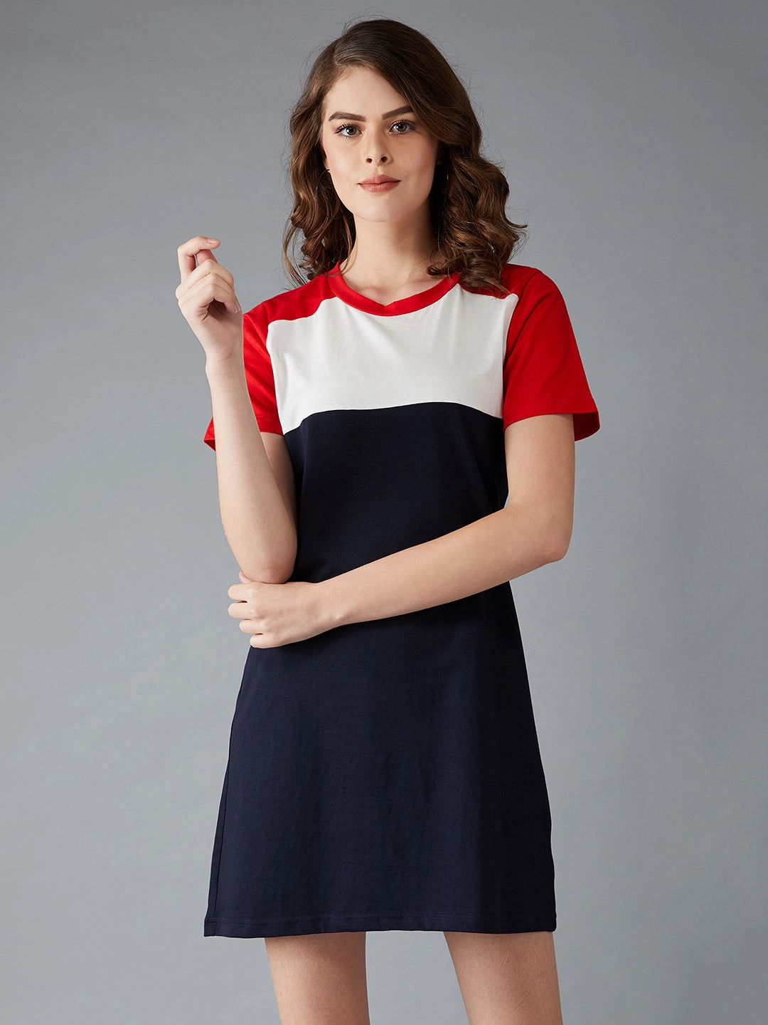 Women's Navy Blue, White, Red Round Neck Short Sleeve Solid Paneled Mini Dress Fashionable Layer Cozy Fit