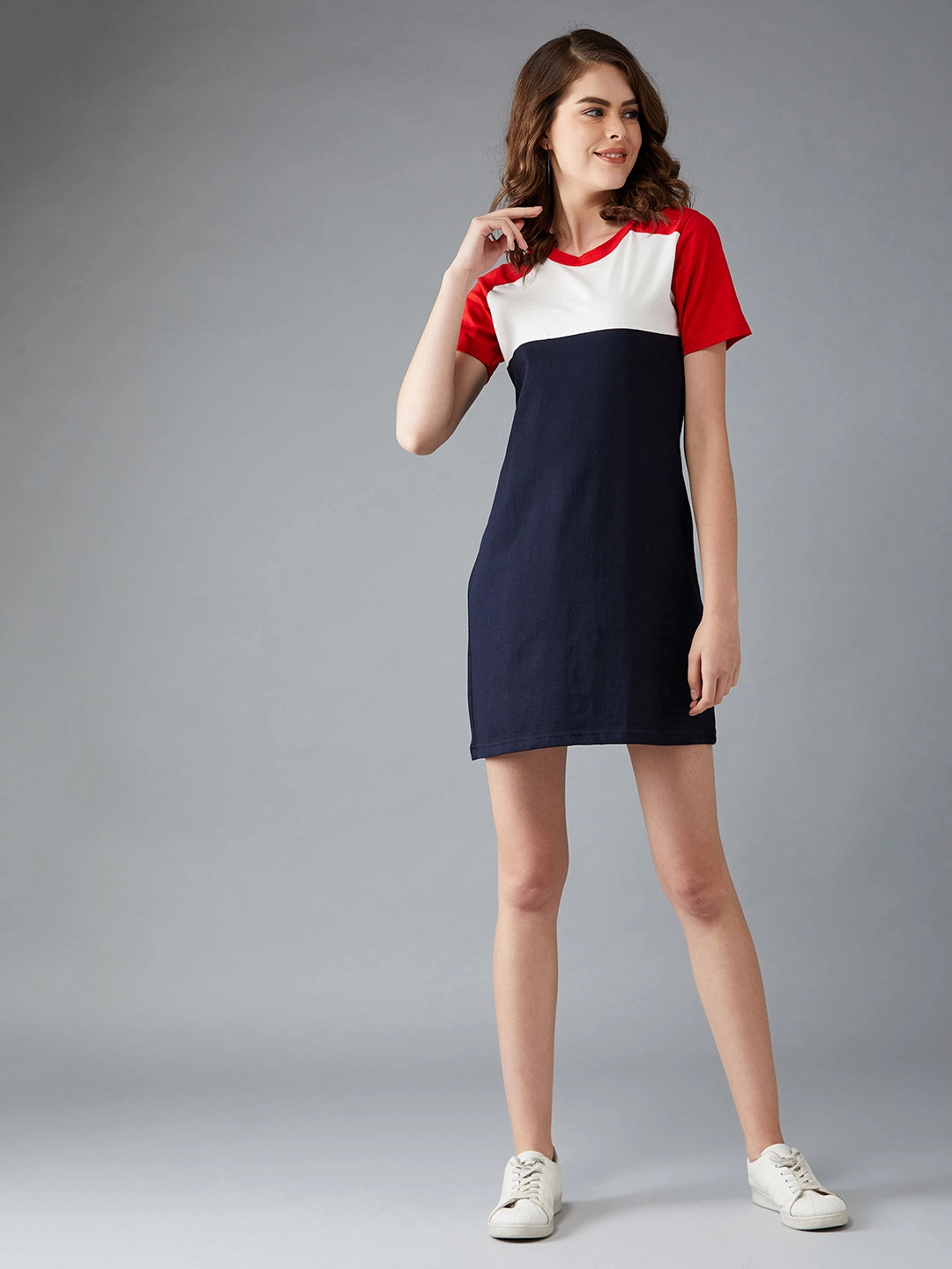 Women's Navy Blue, White, Red Round Neck Short Sleeve Solid Paneled Mini Dress Elastic Fit Flexible Fabric