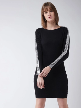 Refined Stitch Work or Casual Women's Black Round Neck Full Sleeves Bodycon Dress