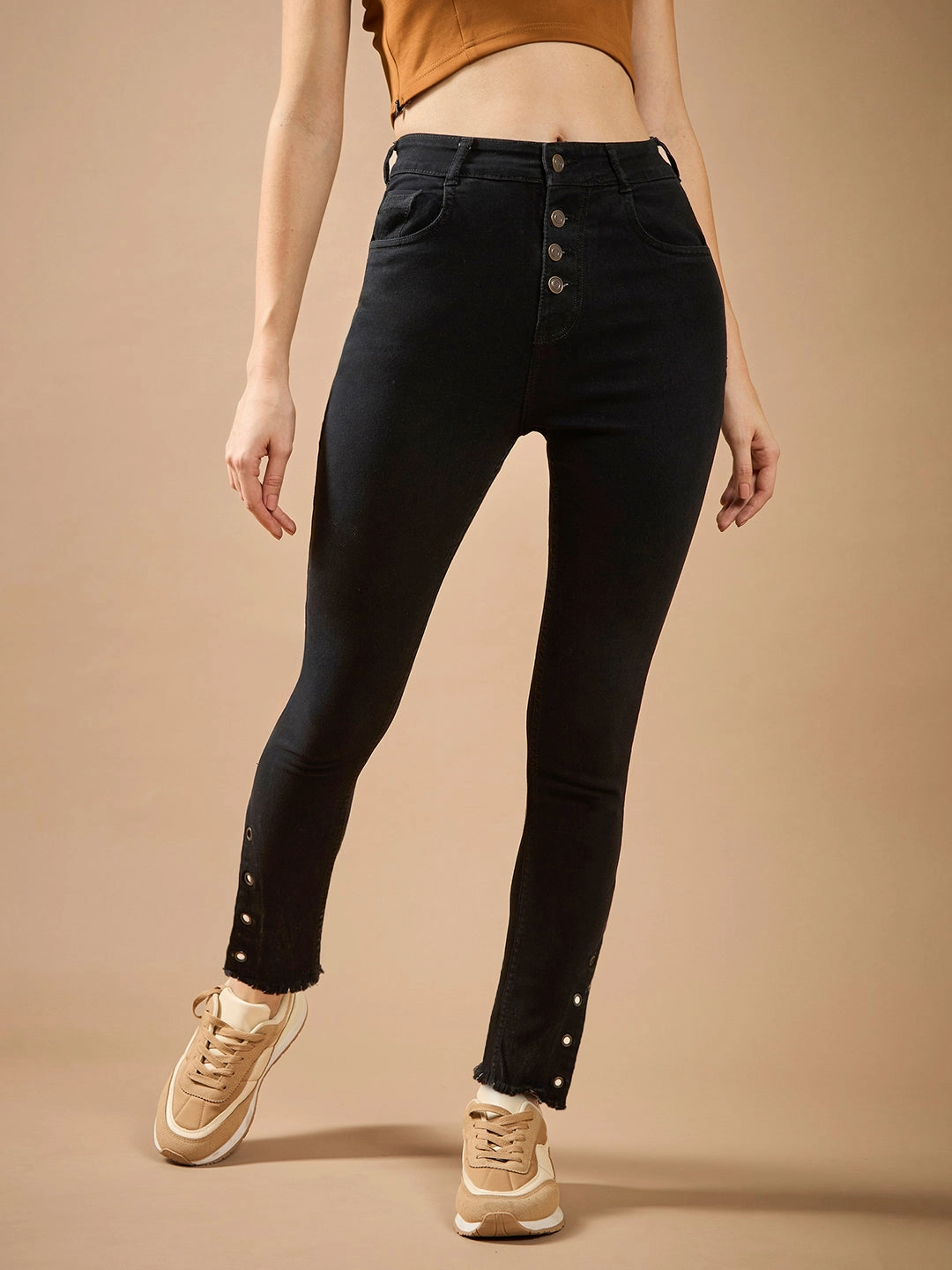 Colorfast Denim Women's Black Skinny-Fit Relaxed High-Rise Regular-Length Denim Stretchable Jeans