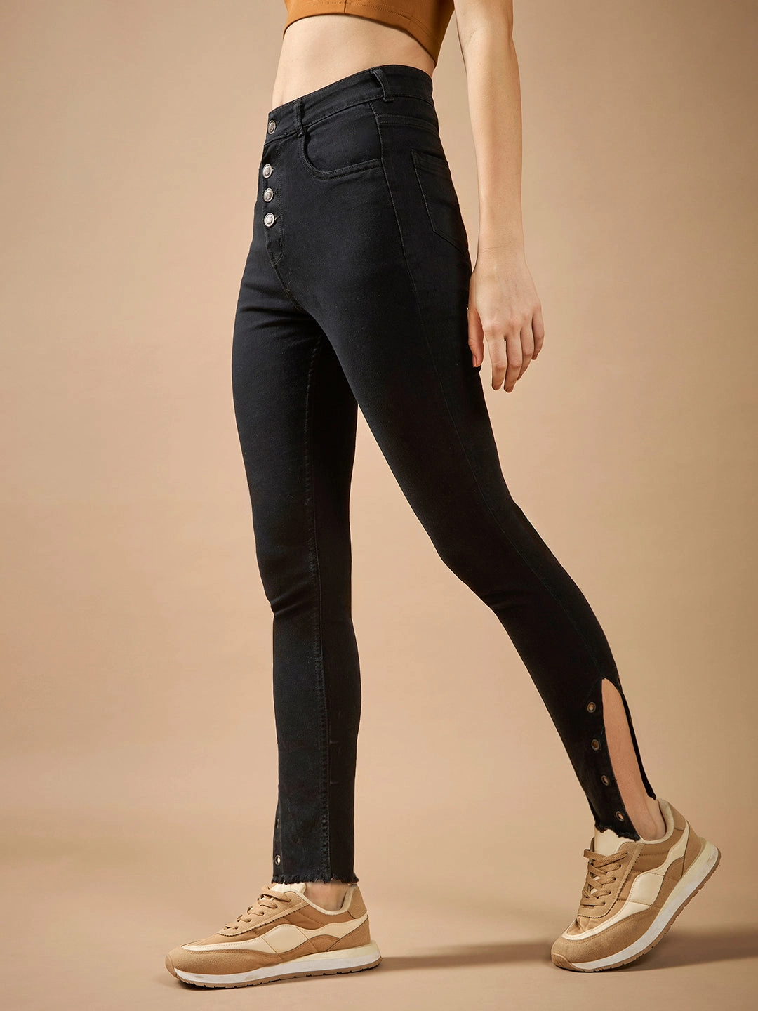 Women's Black Skinny-Fit Relaxed High-Rise Regular-Length Denim Stretchable Jeans Clean Fashion