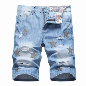 West Louis? Crystal Patch Star & Holes Jeans Short Abrasion Defying Knee Patches RipstopMaterial