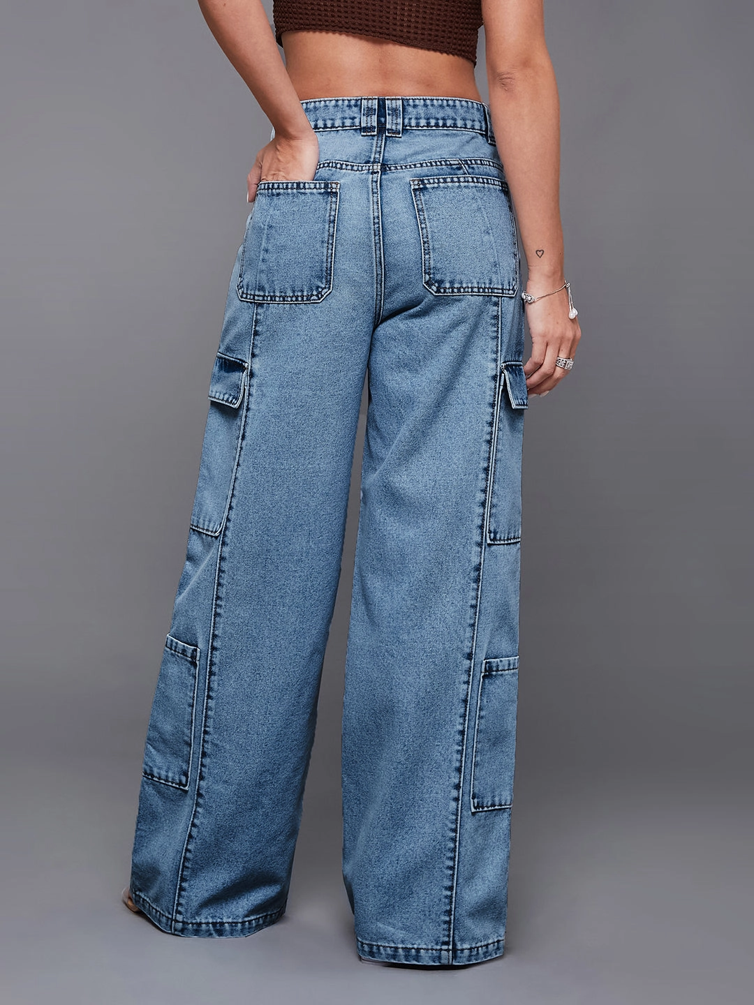 Modular Pocket System Polyester fabric Women's Light Blue Wide-Leg High-Rise Cargo Denim Jeans