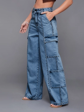 Women's Light Blue Wide-Leg High-Rise Cargo Denim Jeans elastic waistband