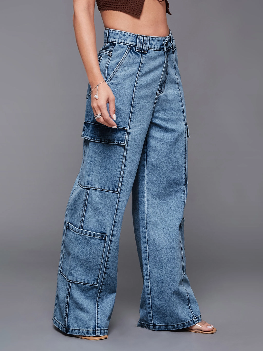 Women's Light Blue Wide-Leg High-Rise Cargo Denim Jeans Work Ready
