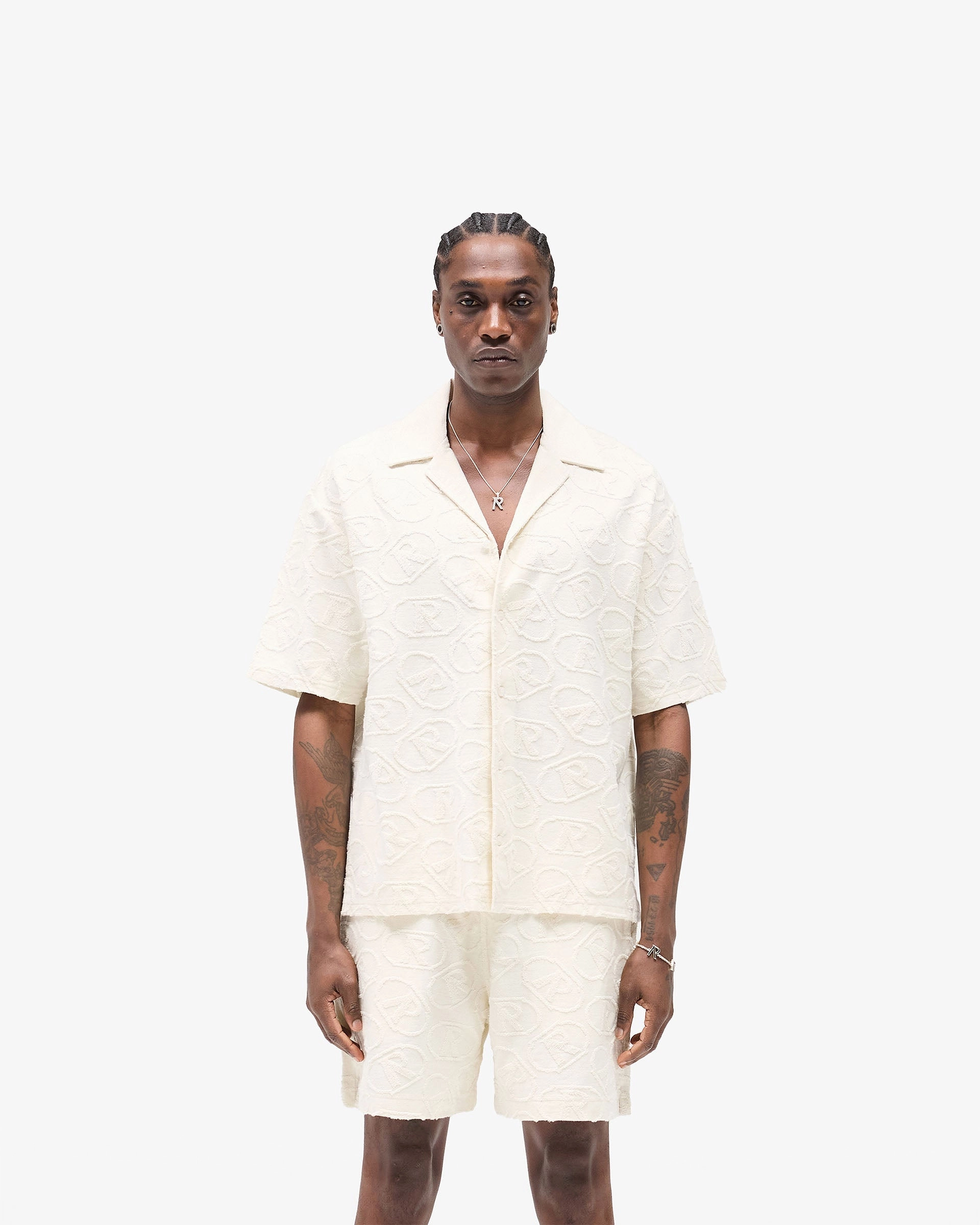 Quick Release Cuffs All Over Print Towel Shirt - Aged White