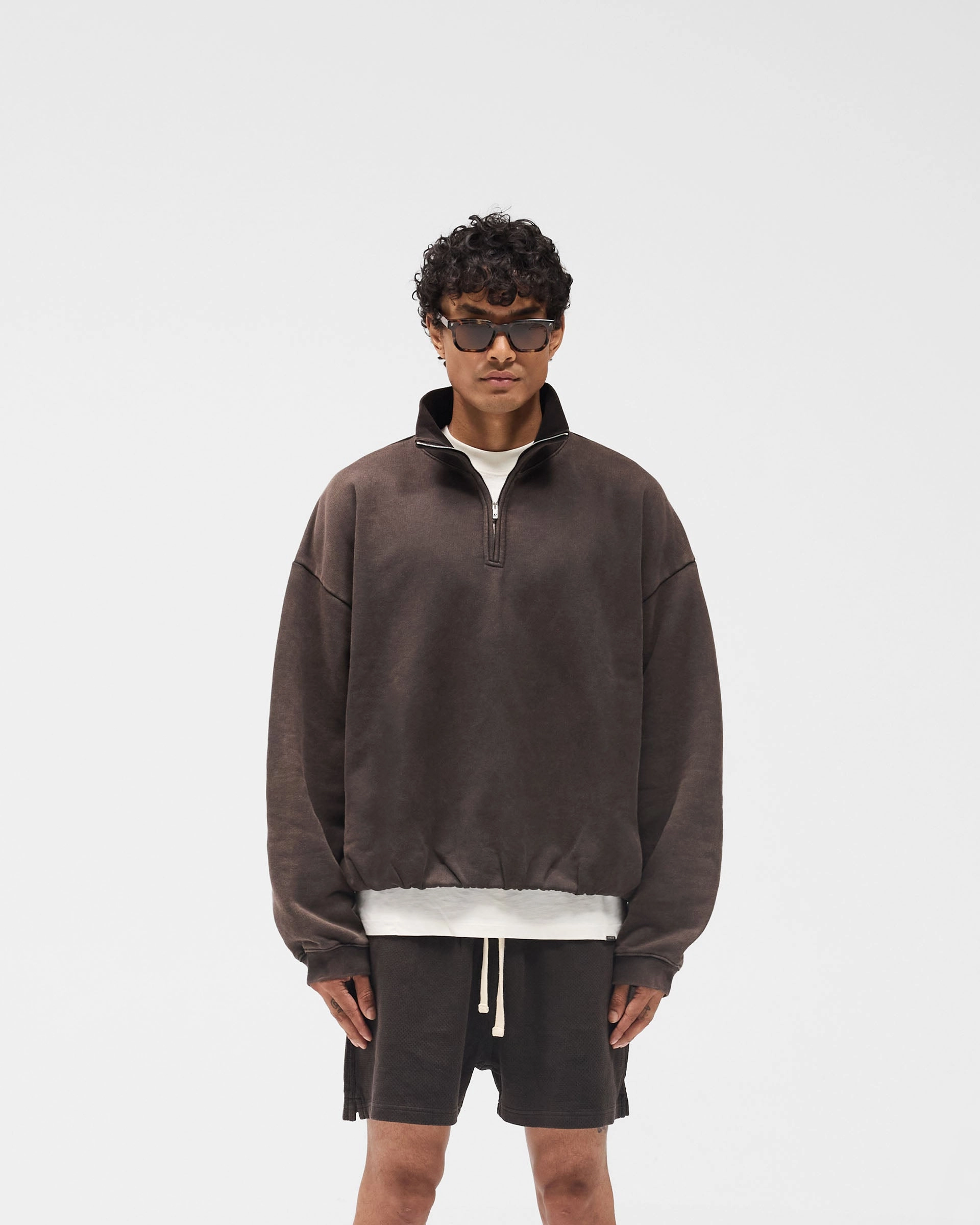 Circular Knit Pattern Initial Funnel Neck Quarter Zip Sweatshirt - Coffee