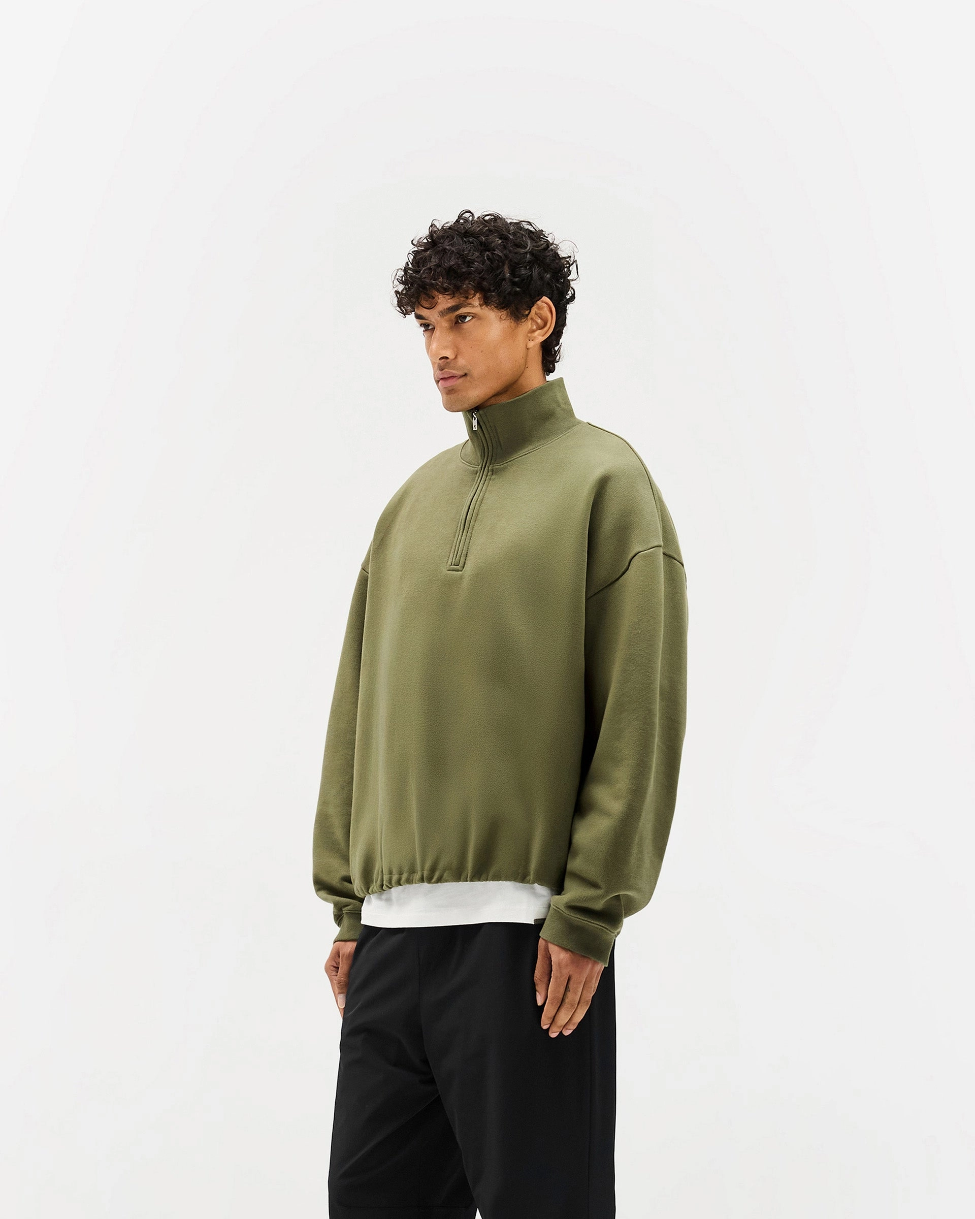 Initial Funnel Neck Quarter Zip Sweatshirt - Army Green Textured Slub Yarn
