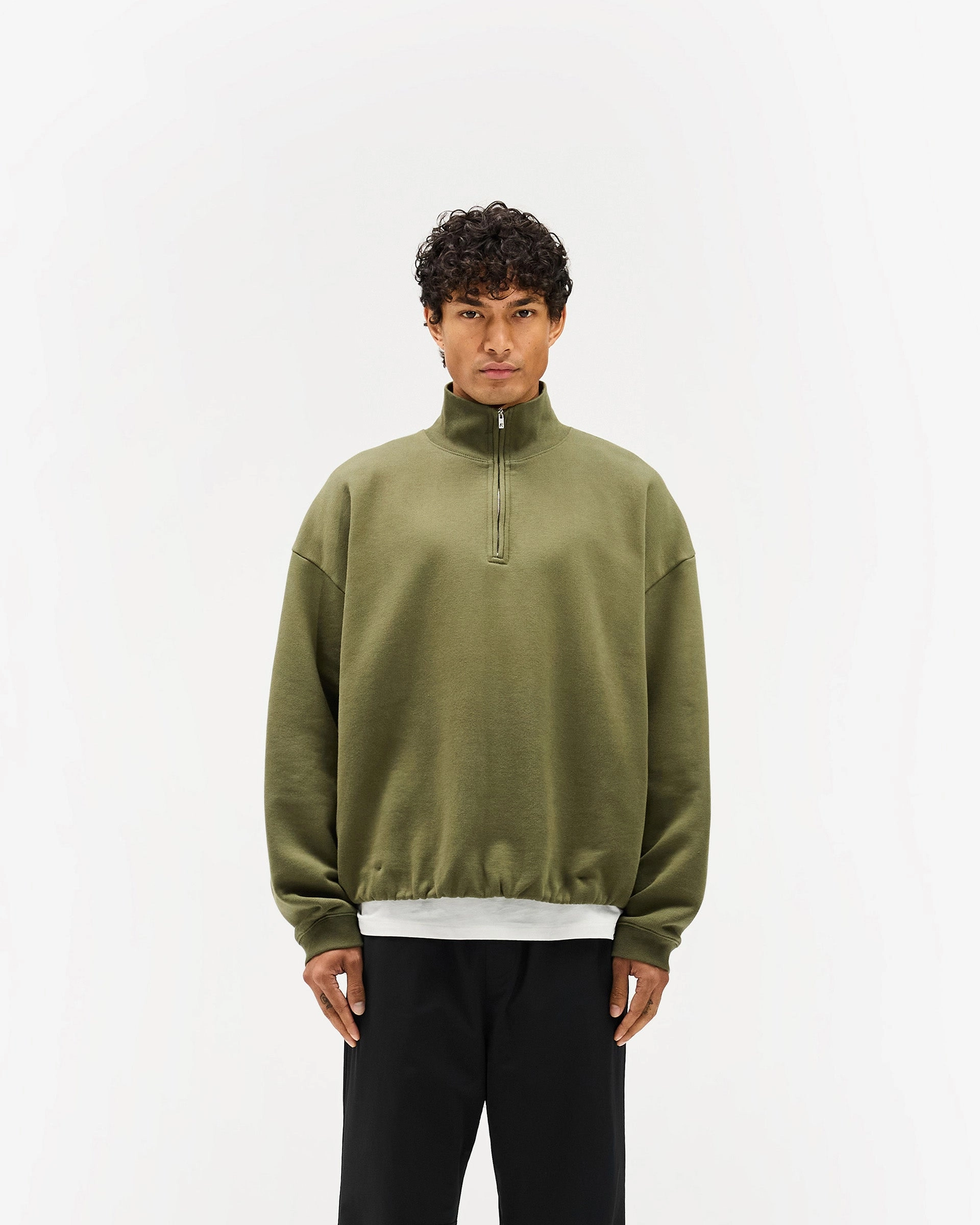 Butter Soft Yarn Initial Funnel Neck Quarter Zip Sweatshirt - Army Green