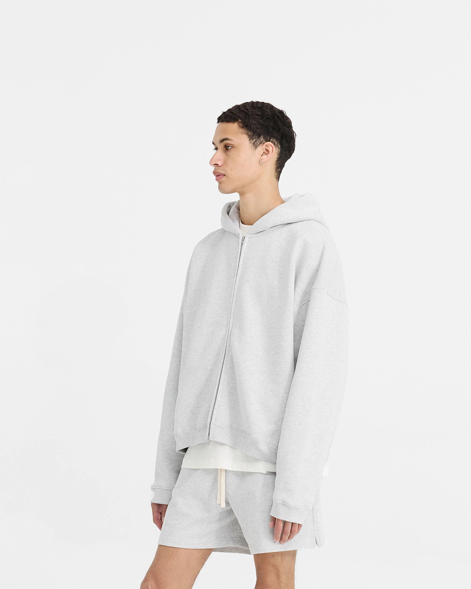 picnic wear Initial Boxy Zip Through Hoodie - Ice Grey Marl