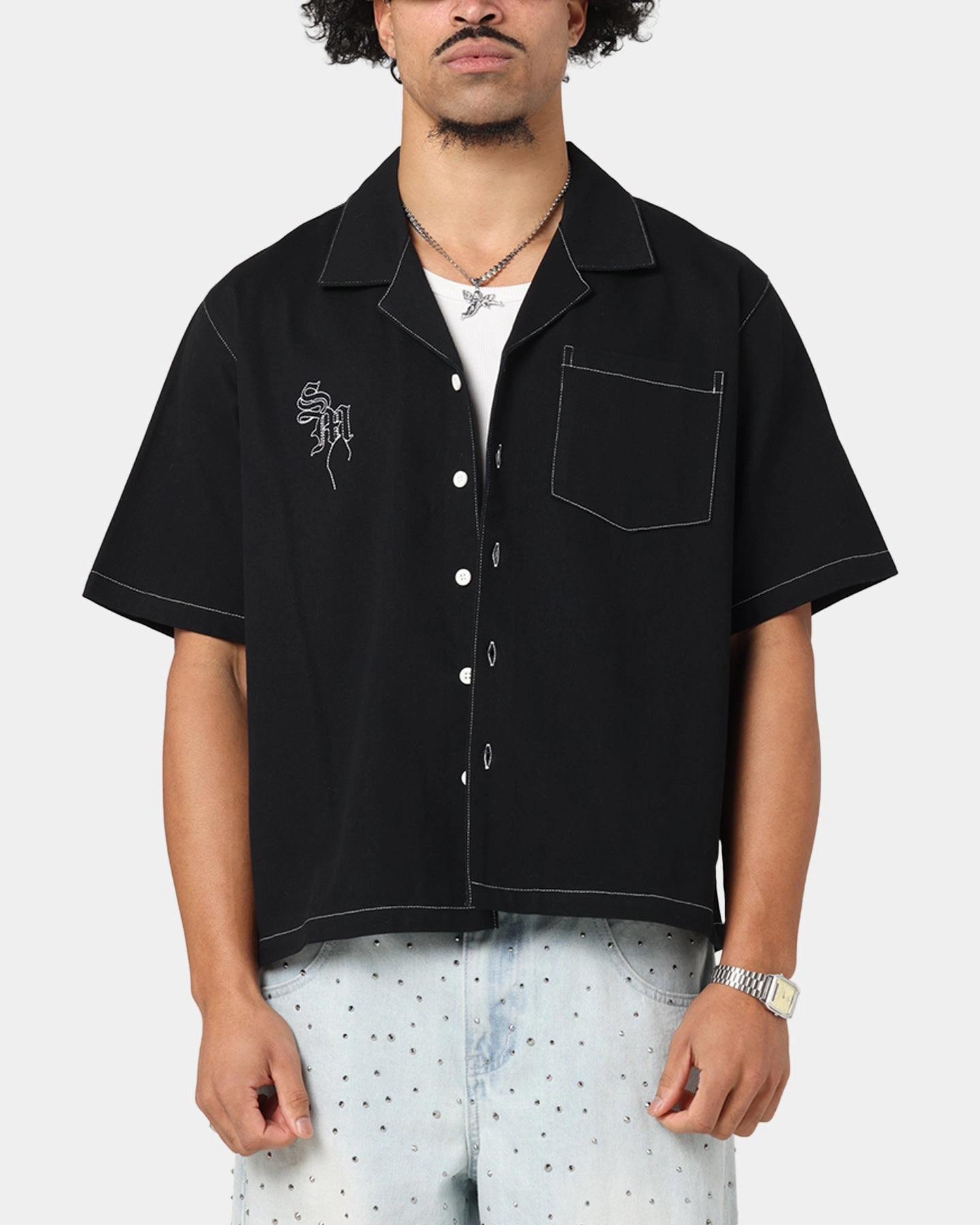 Saint Morta Fray Contrast Button Up Shirt Contrast Black Reinforced Seam Technique
