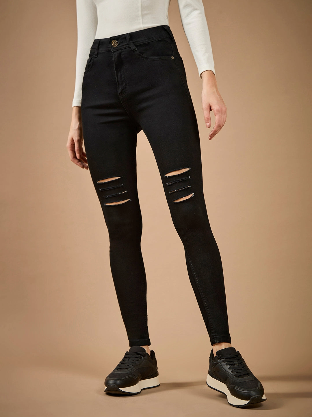 Smart Basic CHASEstretch? Black Slim-Fit High-Rise Mild Distressed Ripped Denim Jeans