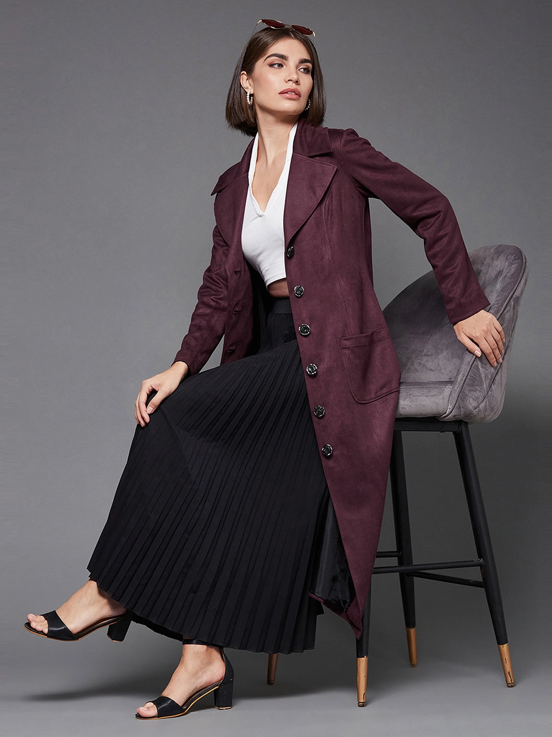 Women's Wine Solid V-Neck Full Sleeves Patched Pocketed Polyester Button Down Longline Winter Wear Blazer Jacket Anti Slip Shoulder