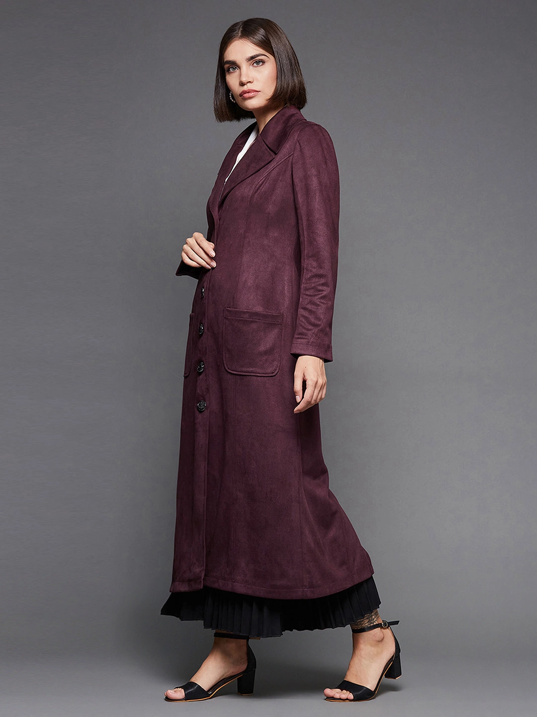 Women's Wine Solid V-Neck Full Sleeves Patched Pocketed Polyester Button Down Longline Winter Wear Blazer Jacket Stylish Basics Belted Style