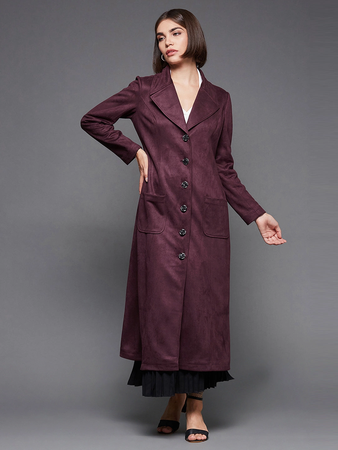 Crisp Look Waist String Women's Wine Solid V-Neck Full Sleeves Patched Pocketed Polyester Button Down Longline Winter Wear Blazer Jacket