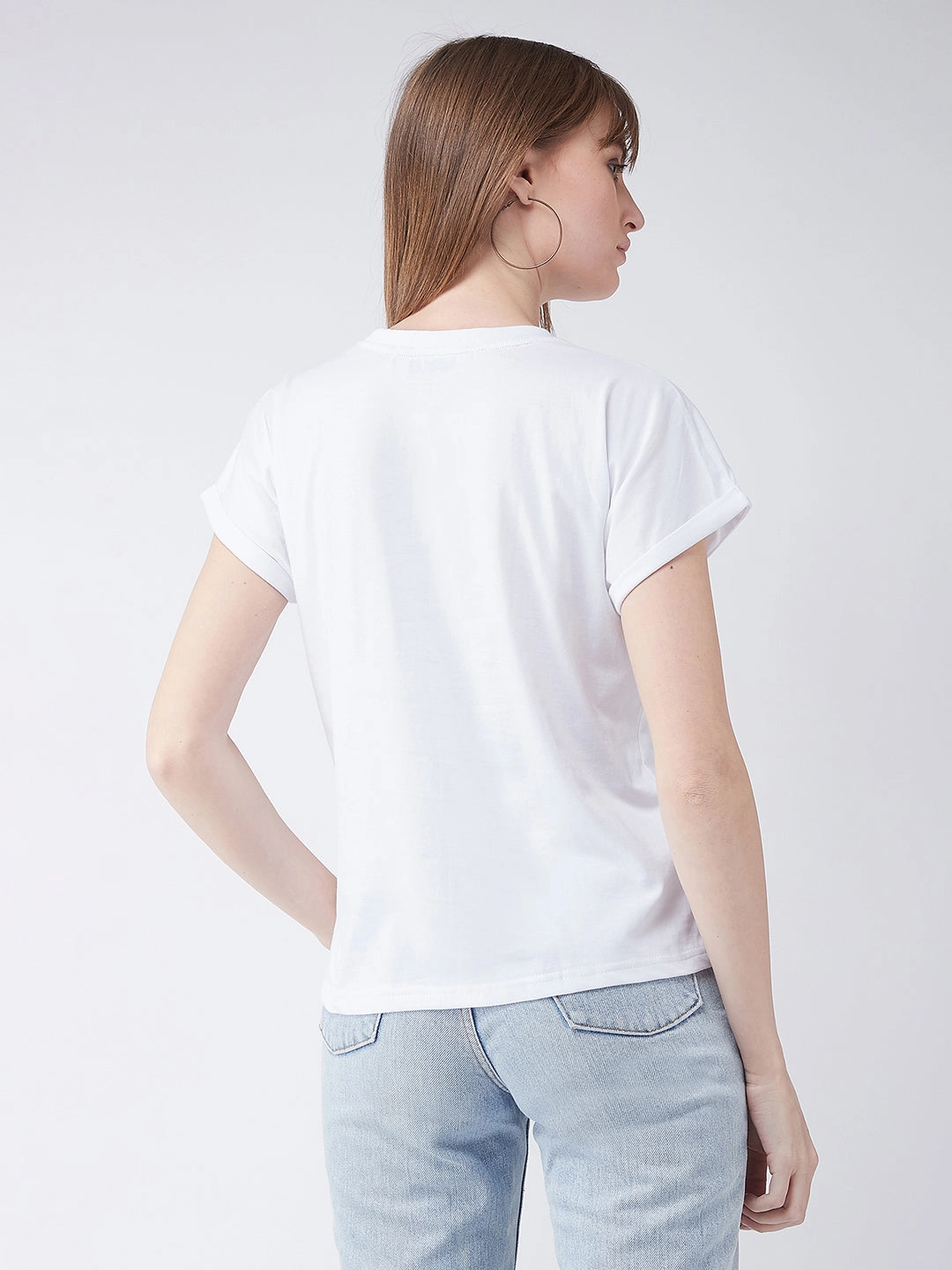 NonIrritating Sustainable Production Certified Women's White Cotton Round Neck Short Sleeve Graphic Print Basic T-Shirt