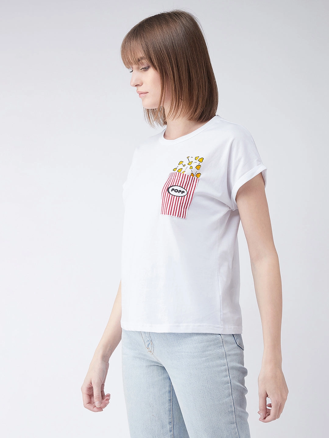 Women's White Cotton Round Neck Short Sleeve Graphic Print Basic T-Shirt AntiPillTreatment