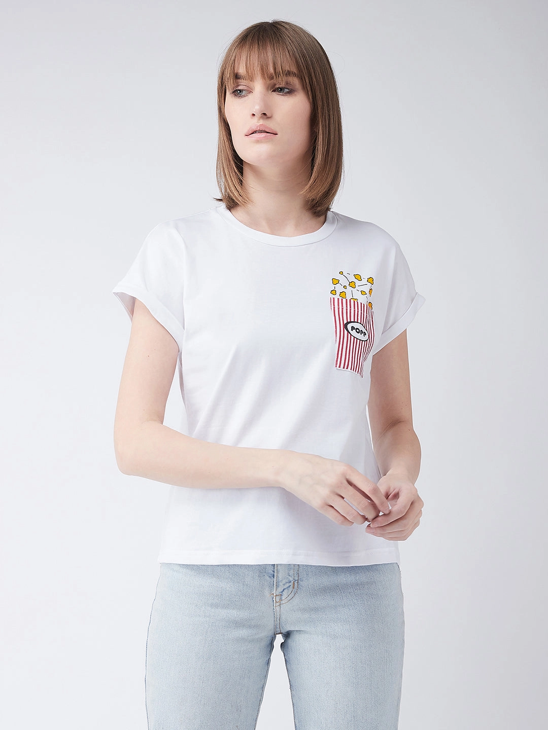 Women's White Cotton Round Neck Short Sleeve Graphic Print Basic T-Shirt UltraSoft Lining
