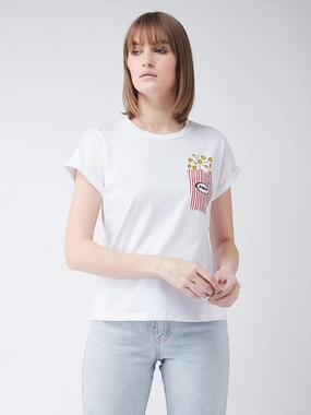 Women's White Cotton Round Neck Short Sleeve Graphic Print Basic T-Shirt UltraSoft Lining