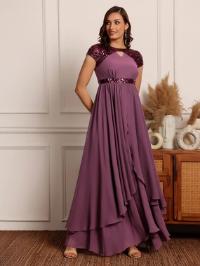 Formal Occasion Women's Mauve Keyhole Short Sleeve Embellished Layered Georgette Maxi Dress
