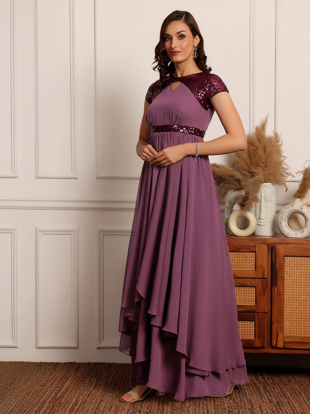 Women's Mauve Keyhole Short Sleeve Embellished Layered Georgette Maxi Dress Daily Style Relaxed Fit