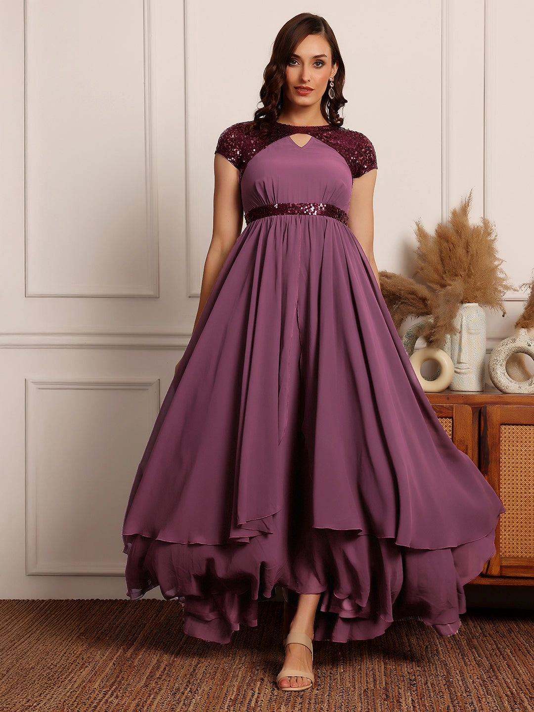 Coffee Break Women's Mauve Keyhole Short Sleeve Embellished Layered Georgette Maxi Dress