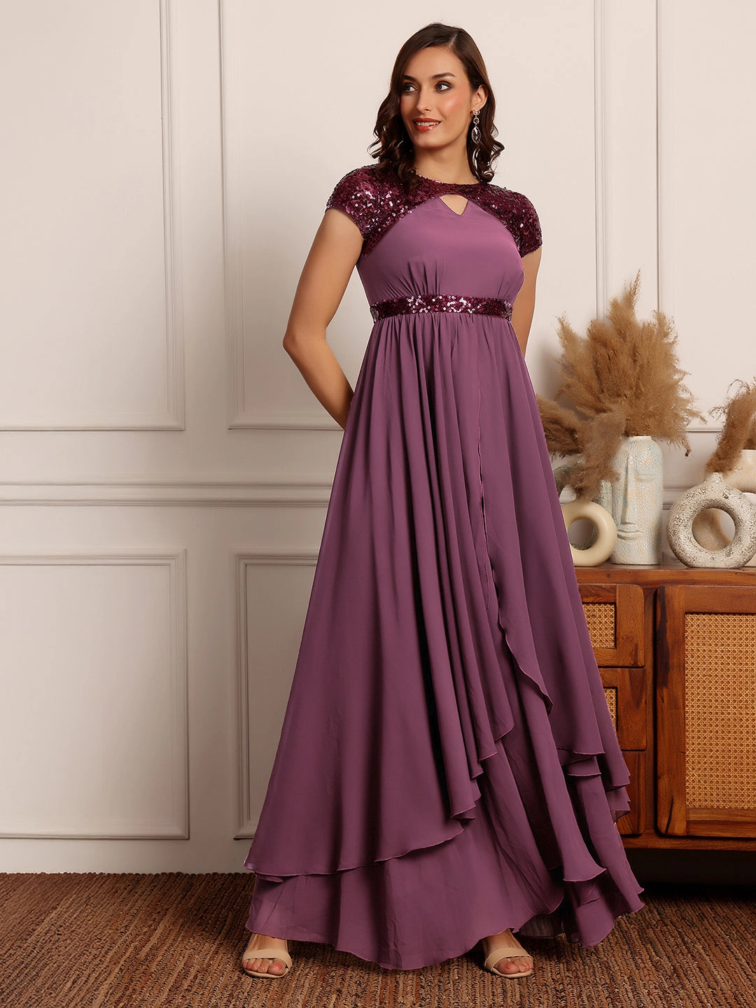 Formal Occasion Women's Mauve Keyhole Short Sleeve Embellished Layered Georgette Maxi Dress
