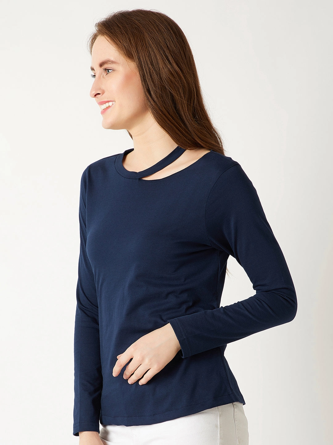 Cool Fabric Comfy Style Women's Navy Blue Round Neck Full sleeve Cotton Solid Cut-Out Slit Shoulder Top