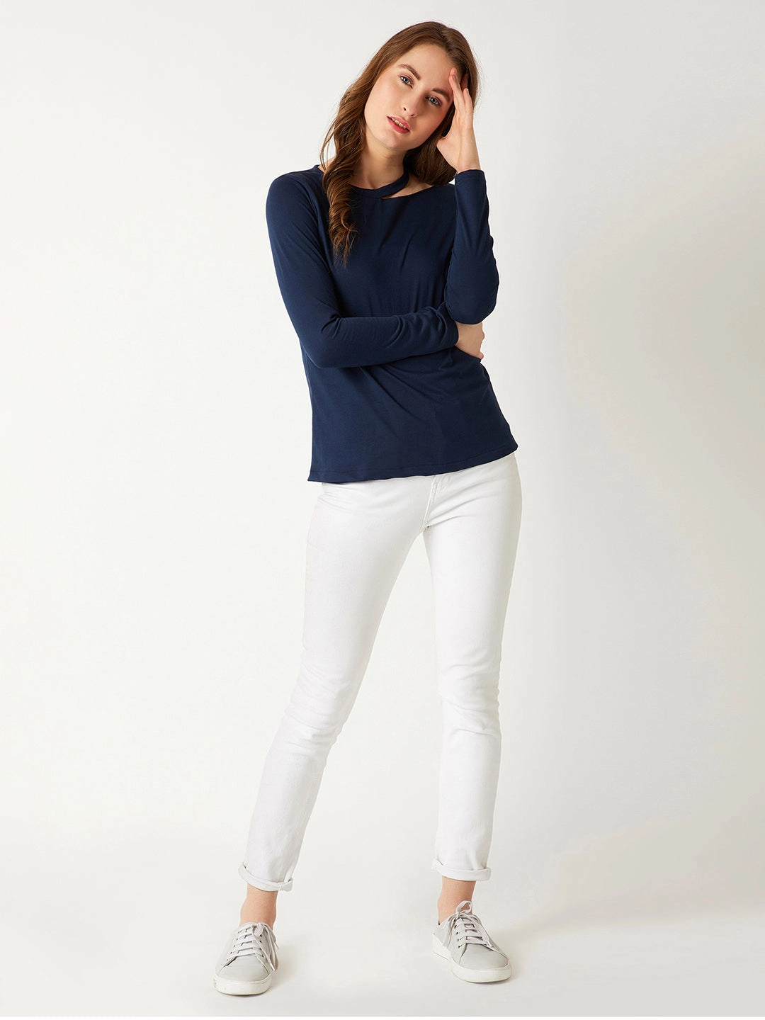 Minimalist Stitching Oversized Collar Women's Navy Blue Round Neck Full sleeve Cotton Solid Cut-Out Slit Shoulder Top