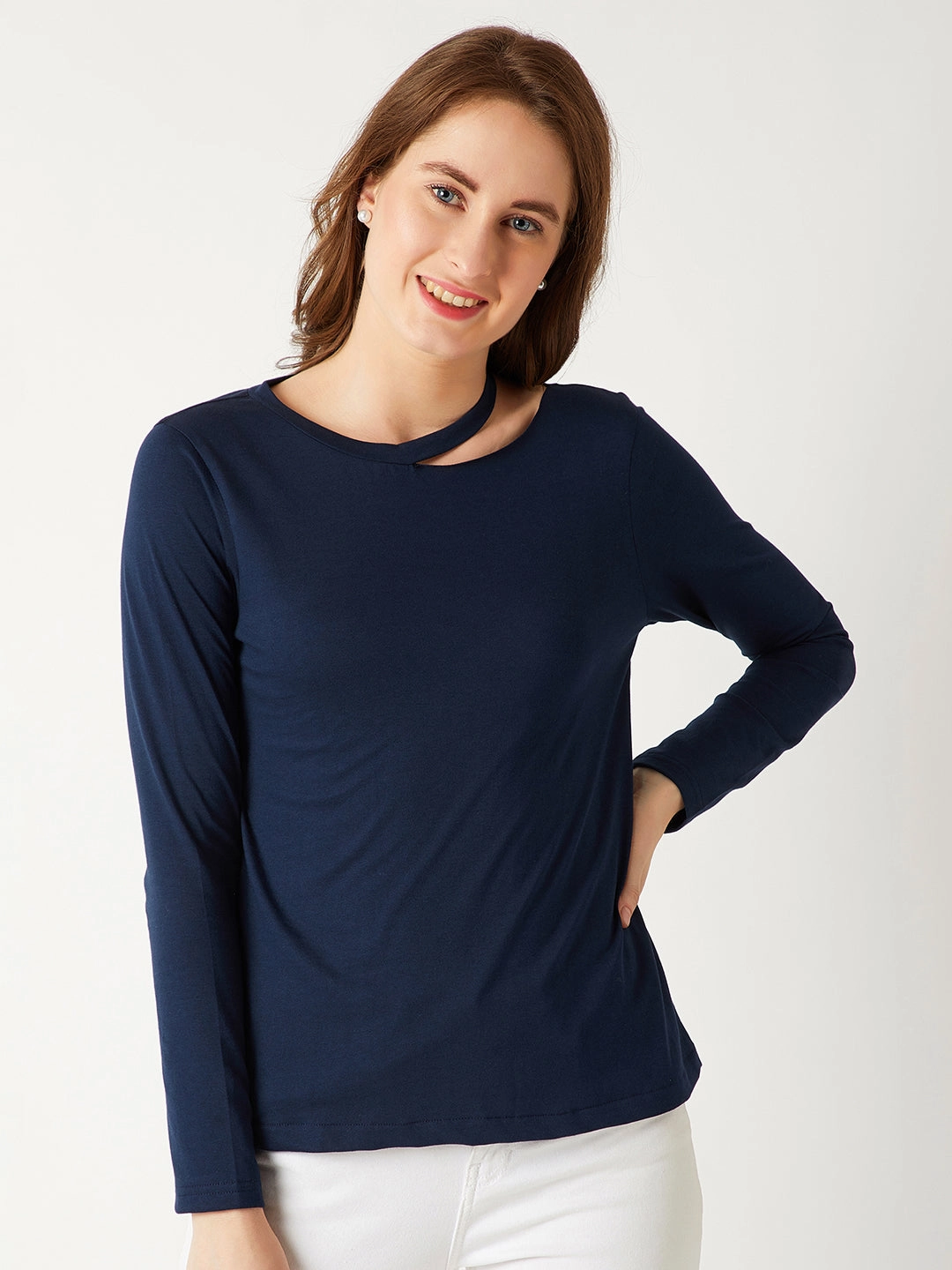 Low Profile Seaming Women's Navy Blue Round Neck Full sleeve Cotton Solid Cut-Out Slit Shoulder Top