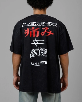 Modern Design Loiter Pain Vintage T-Shirt Black Acidwash