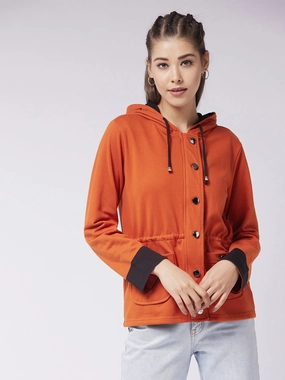 Women's Multicolored-Base-Rust Hooded Full Sleeve Solid Waist Tie-Up Regular Jacket Quick Dry Coating Thermal Regulating Hoodie