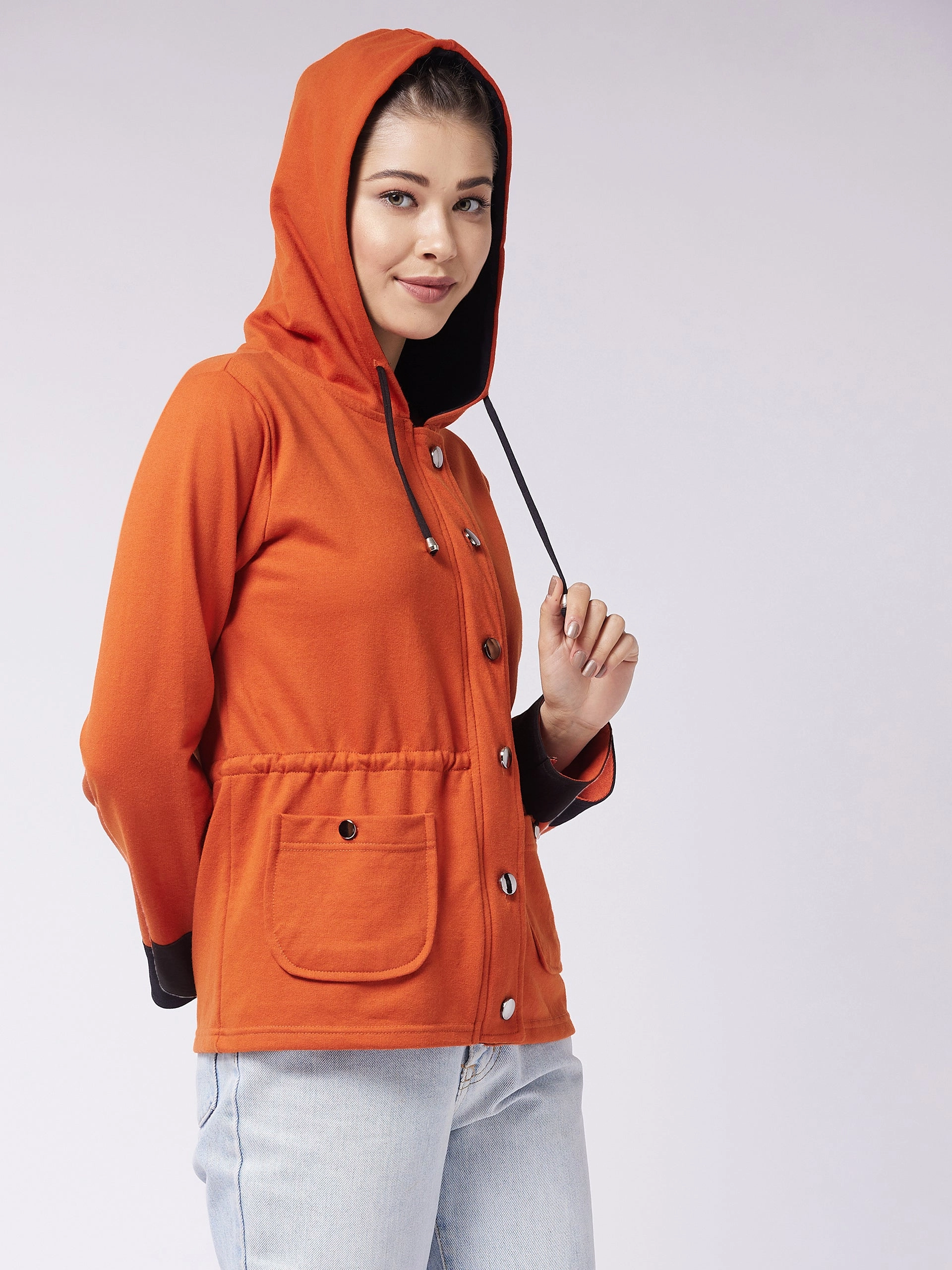Women's Multicolored-Base-Rust Hooded Full Sleeve Solid Waist Tie-Up Regular Jacket Non Iron Fabric Tech