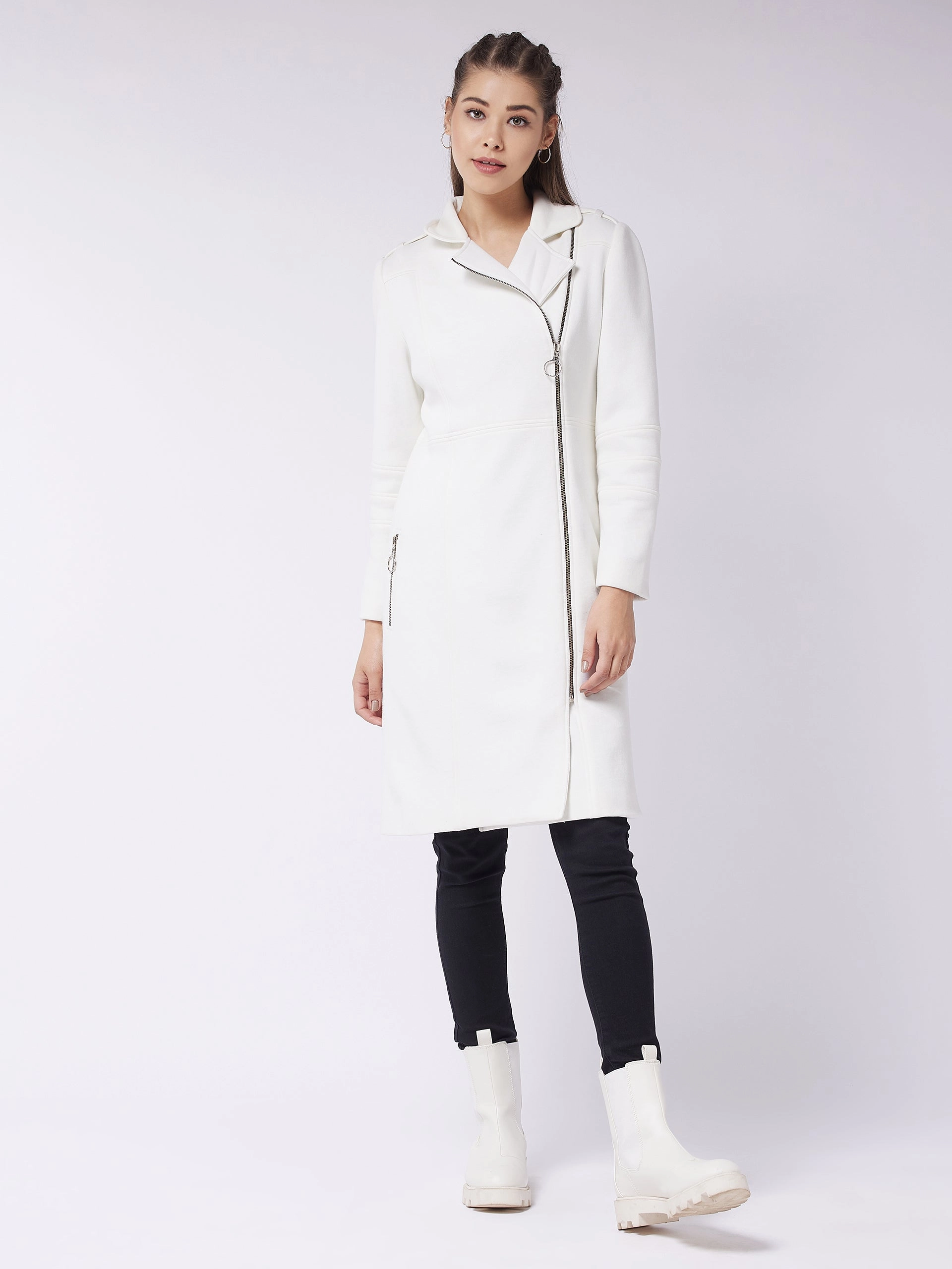 Women's Off-White Notch Collar Multi Panelled Full Sleeve Solid Double Breasted Knee Length Jacket Mid Length Weather Fit