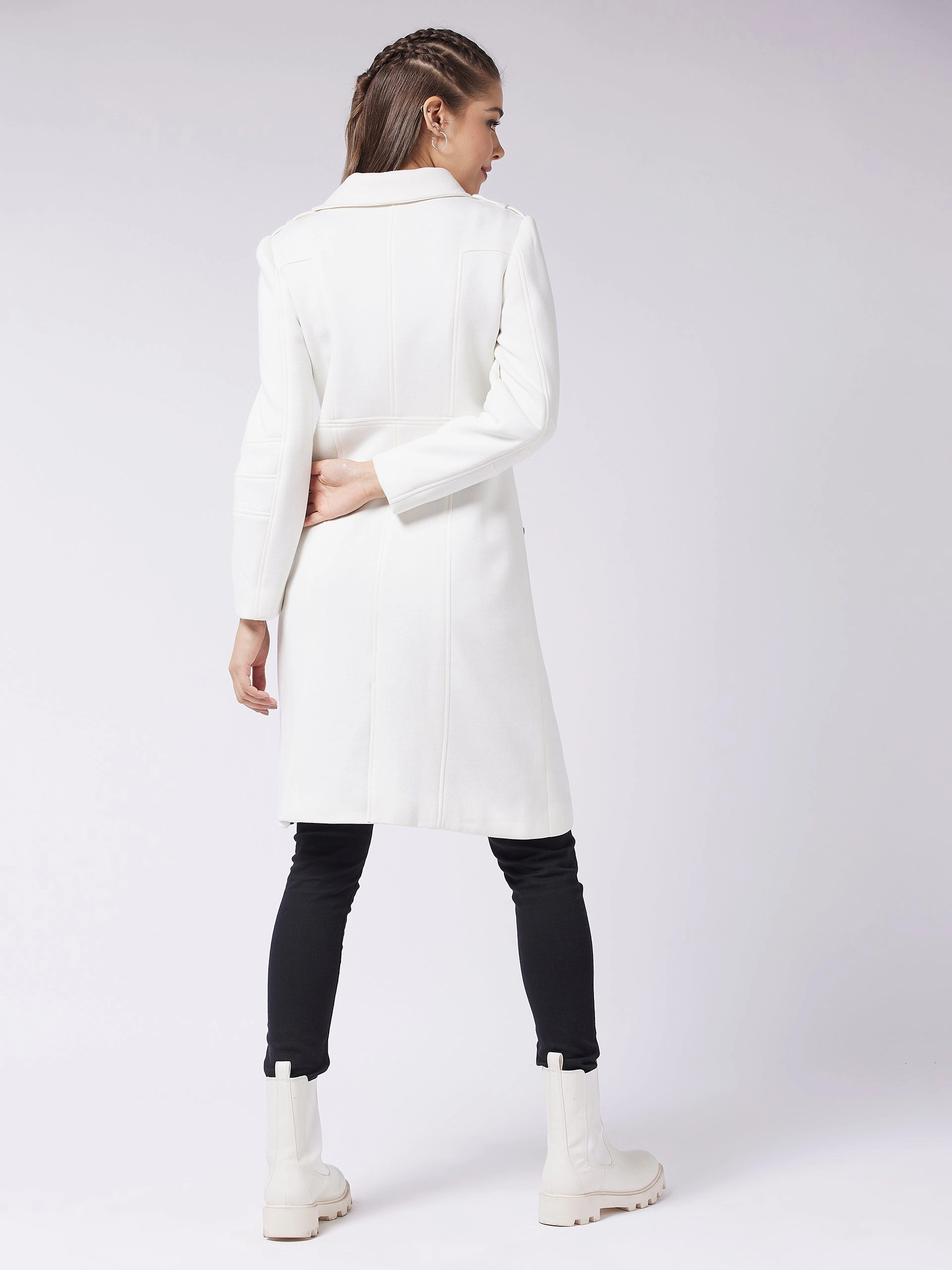 Collapsible Packable Design Women's Off-White Notch Collar Multi Panelled Full Sleeve Solid Double Breasted Knee Length Jacket