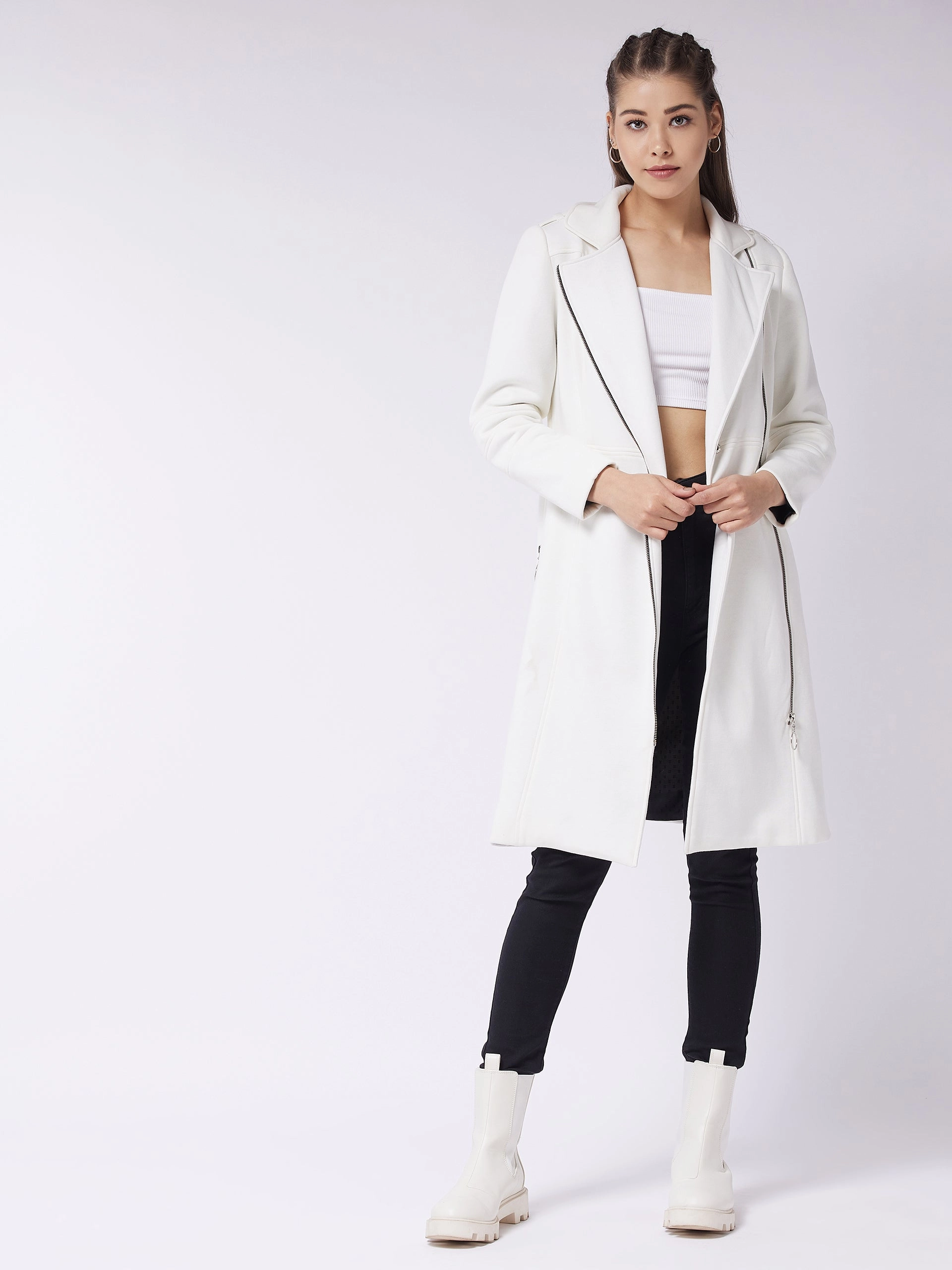 Women's Off-White Notch Collar Multi Panelled Full Sleeve Solid Double Breasted Knee Length Jacket Structured Casual Fit Weekend Ready
