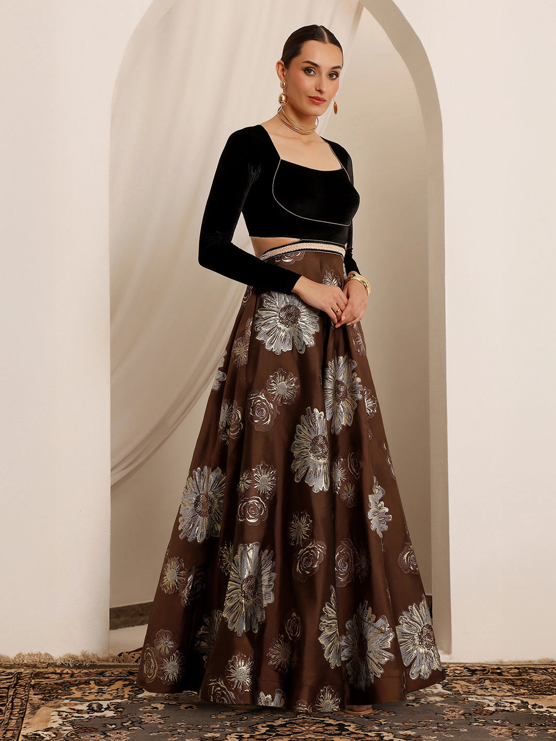 Raas Avi Brown Choli-Cut Floral Cut-Out Maxi Dress Soft Volume