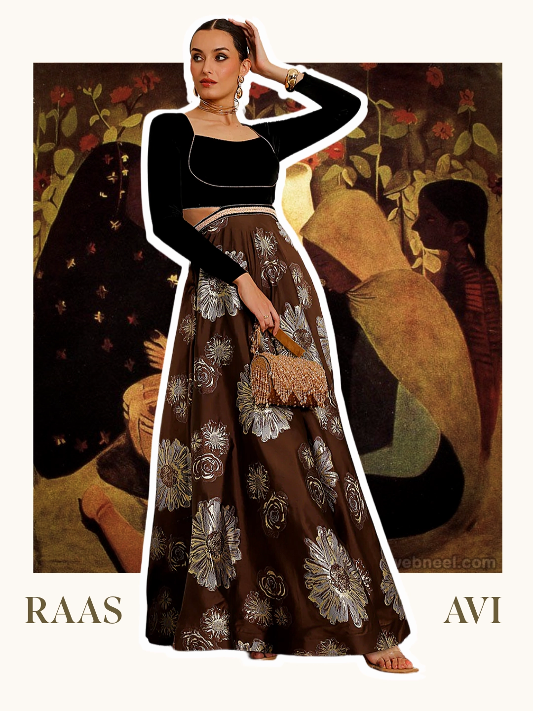 Drapey Fabric Relaxed Wear Raas Avi Brown Choli-Cut Floral Cut-Out Maxi Dress