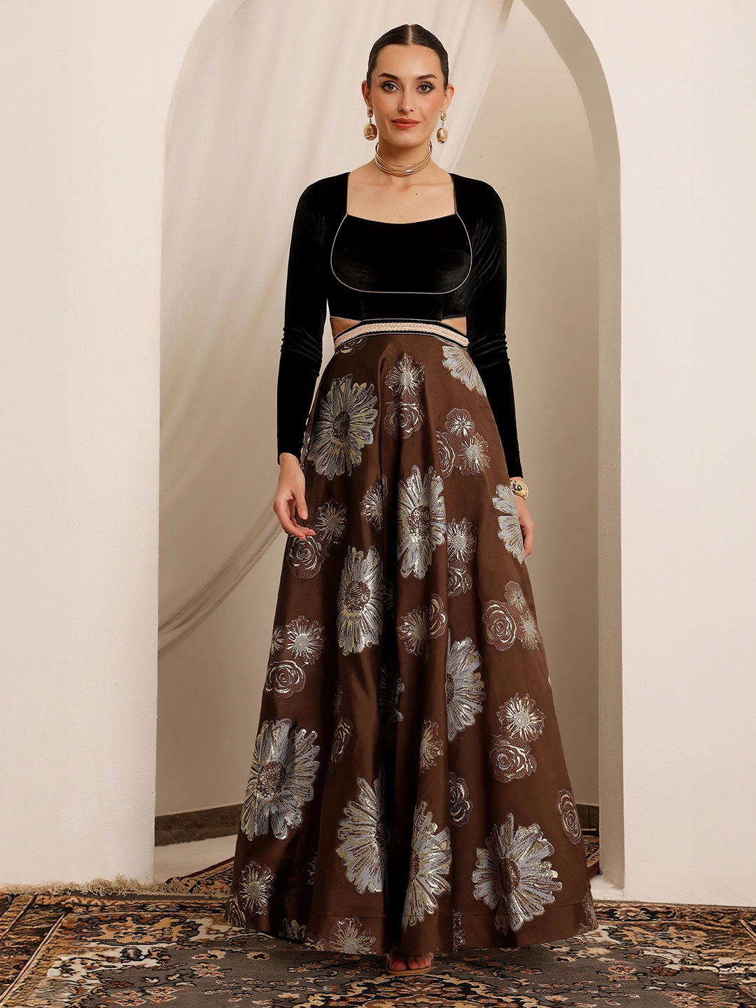 Raas Avi Brown Choli-Cut Floral Cut-Out Maxi Dress Square Neck