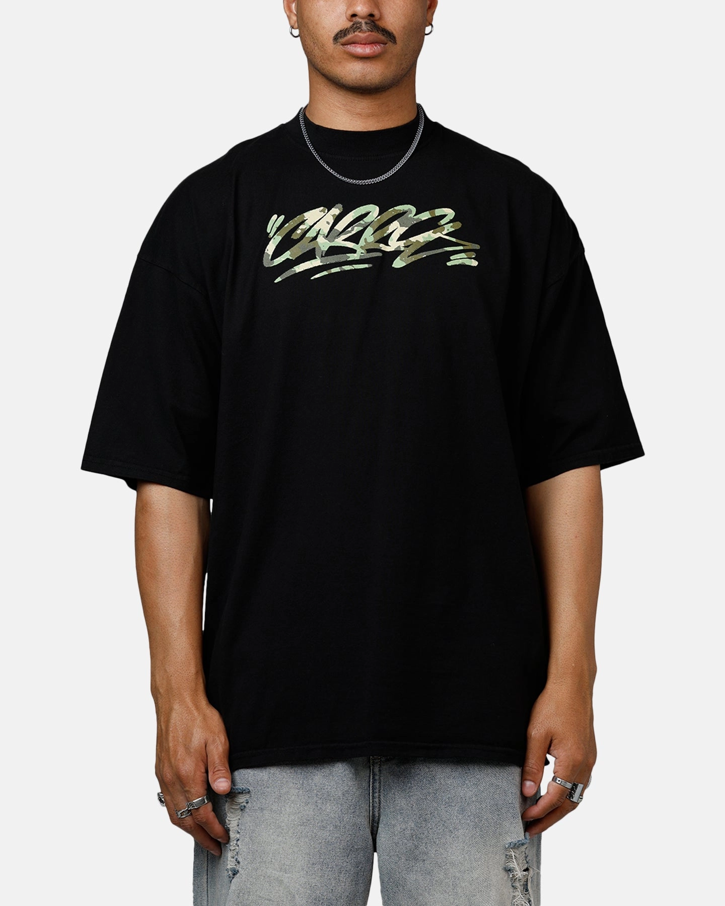 Carre Camo Script T-Shirt Black DroppedShoulder