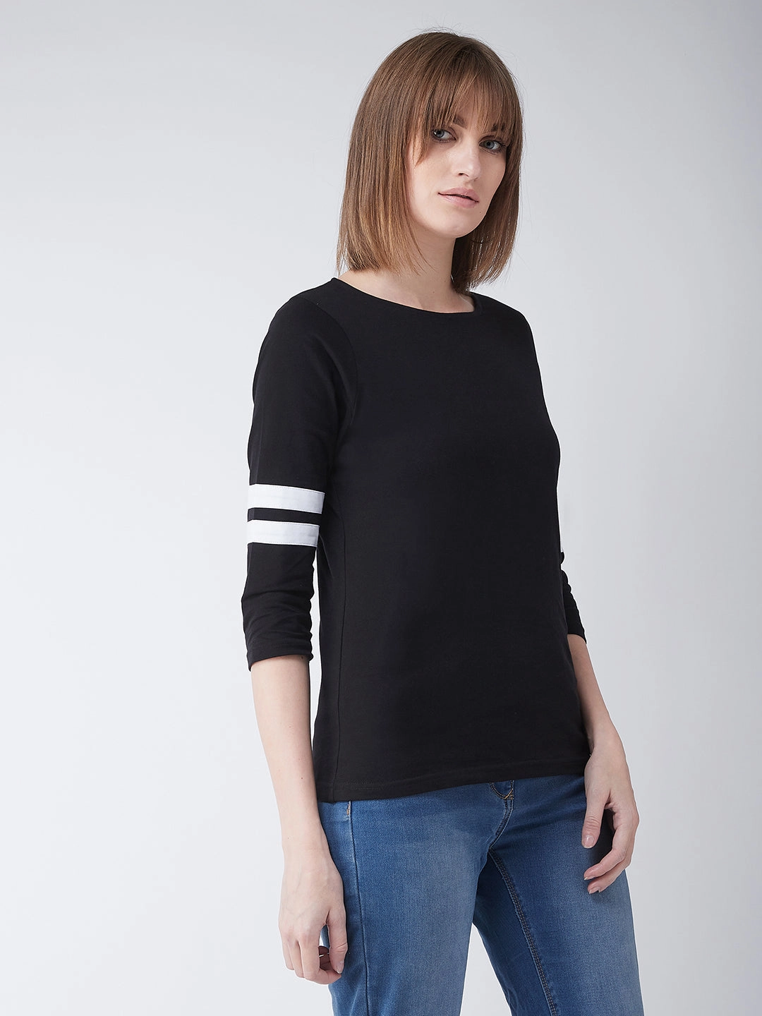 Women's Black Round Neck 3/4 Sleeves Solid Basic Top Adjustable Hem Toggles AirflowOptimized Design