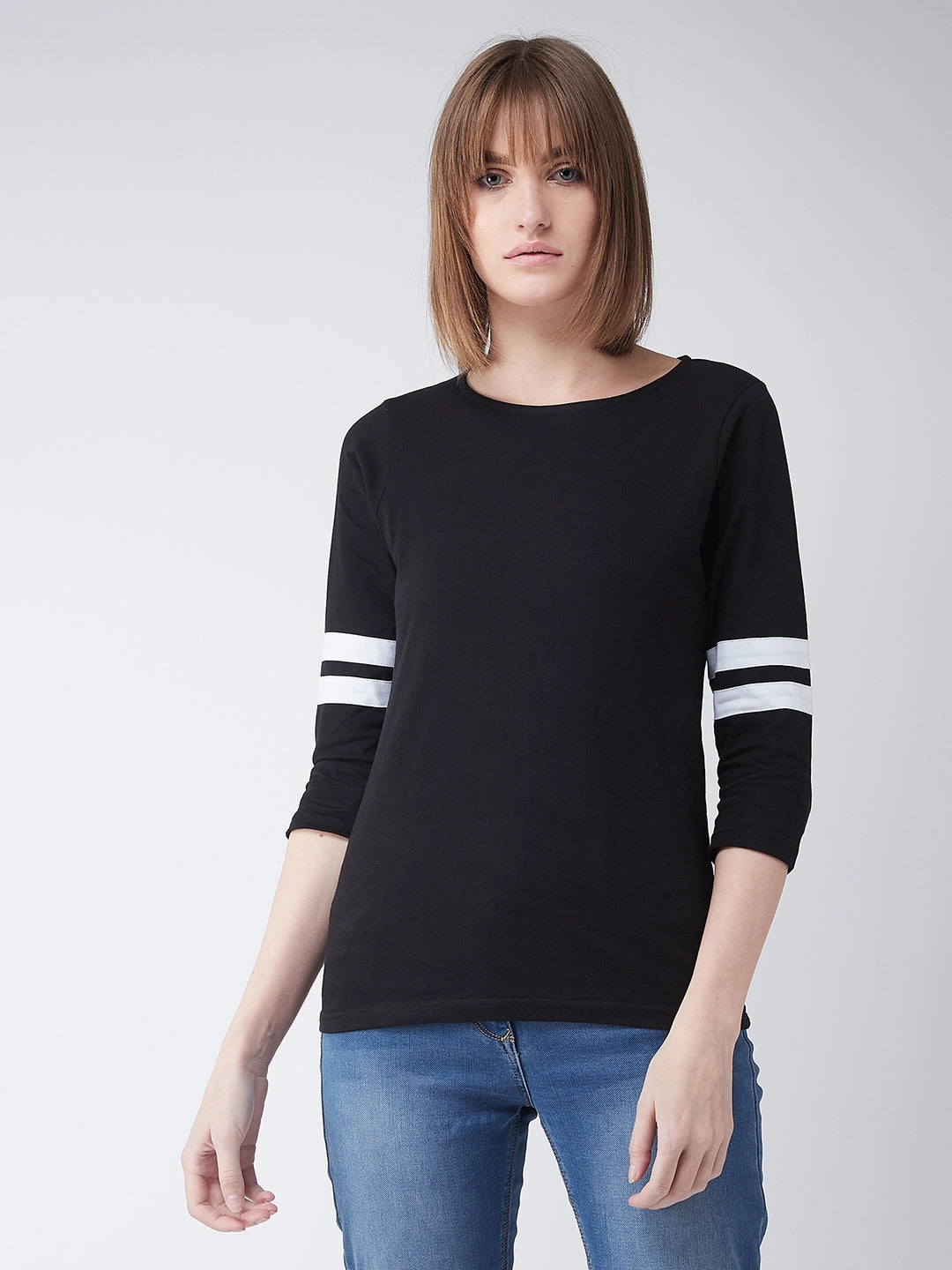 ResilientStretch Snag Resistant Surface Women's Black Round Neck 3/4 Sleeves Solid Basic Top