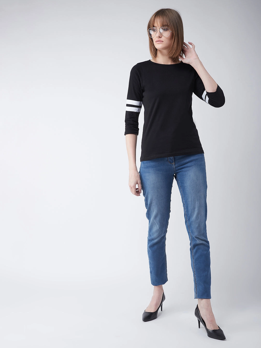 Easy Fit Anti Static Cloth Blend Women's Black Round Neck 3/4 Sleeves Solid Basic Top