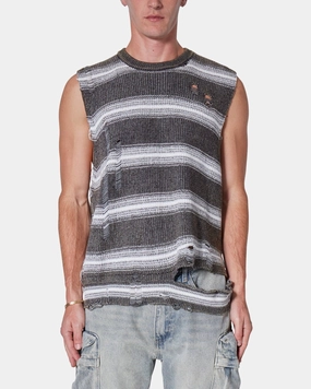 MNML Destroyed Pullover Shirt Black/White RibbedNeckline Overlock Edging